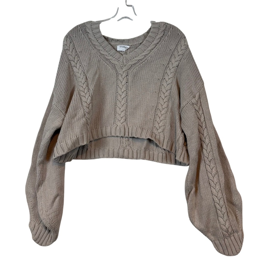 Storia Women Taupe Beige Cable Knit V-Neck Cropped Balloon Sleeve Sweater L